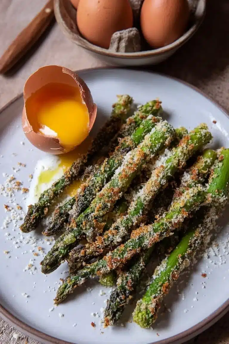 Asperges croustillantes au parmesan accompagnées d'œufs