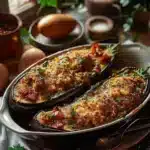 Aubergines farcies au four, un plat délicieux et sain prêt à être dégusté