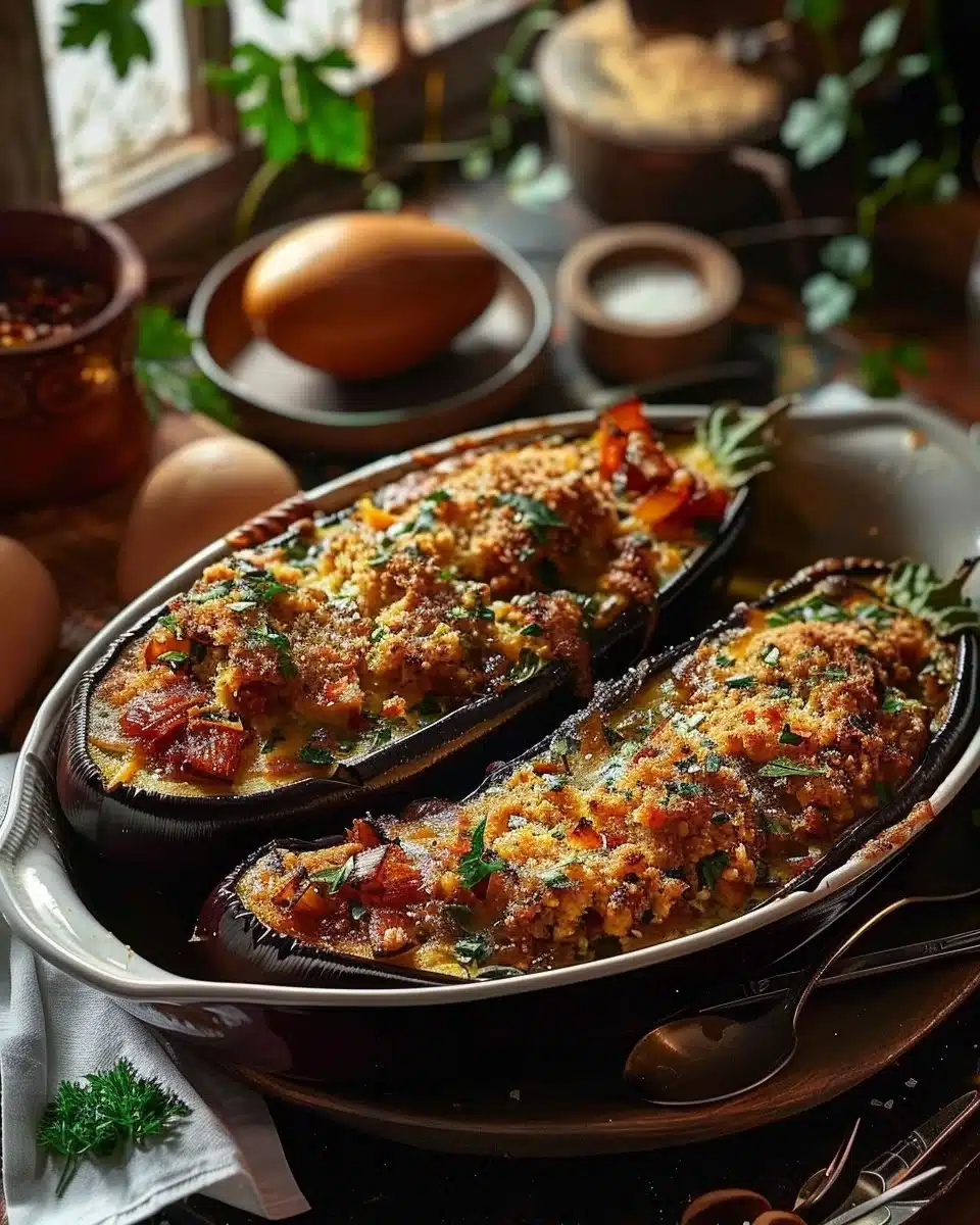 Aubergines farcies au four, un plat délicieux et sain prêt à être dégusté