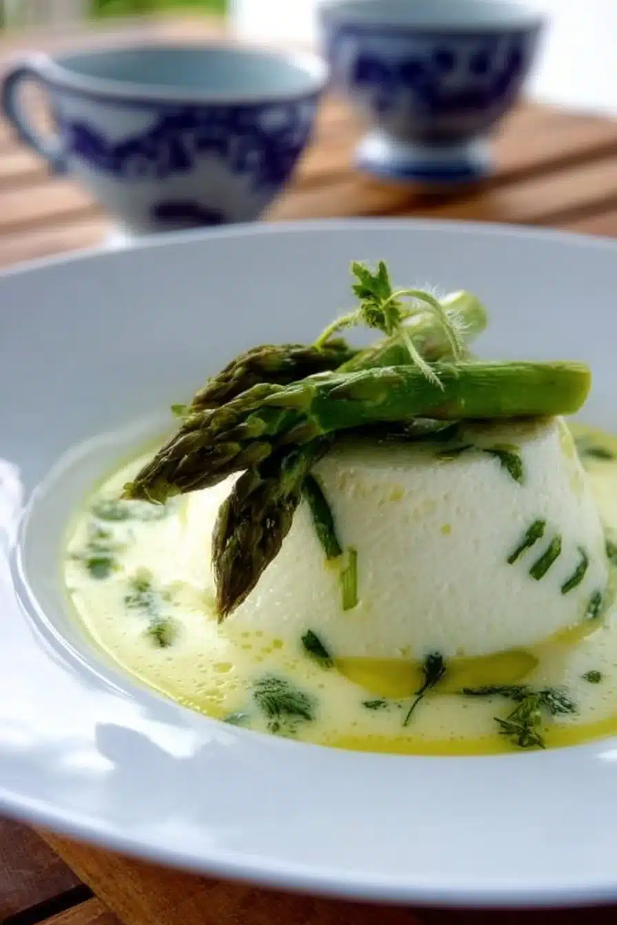 Blanc manger avec cœur coulant sur une crème d'asperge savoureuse