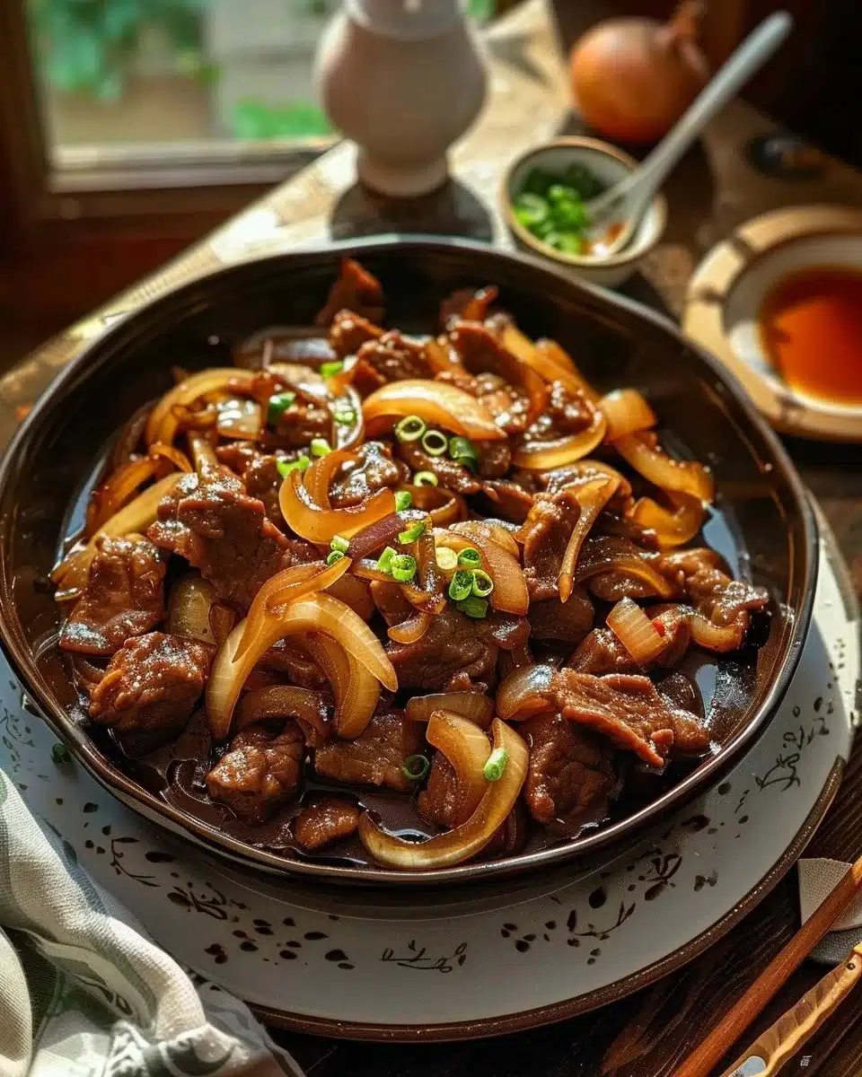 Bœuf sauté aux oignons dans une poêle avec des légumes frais