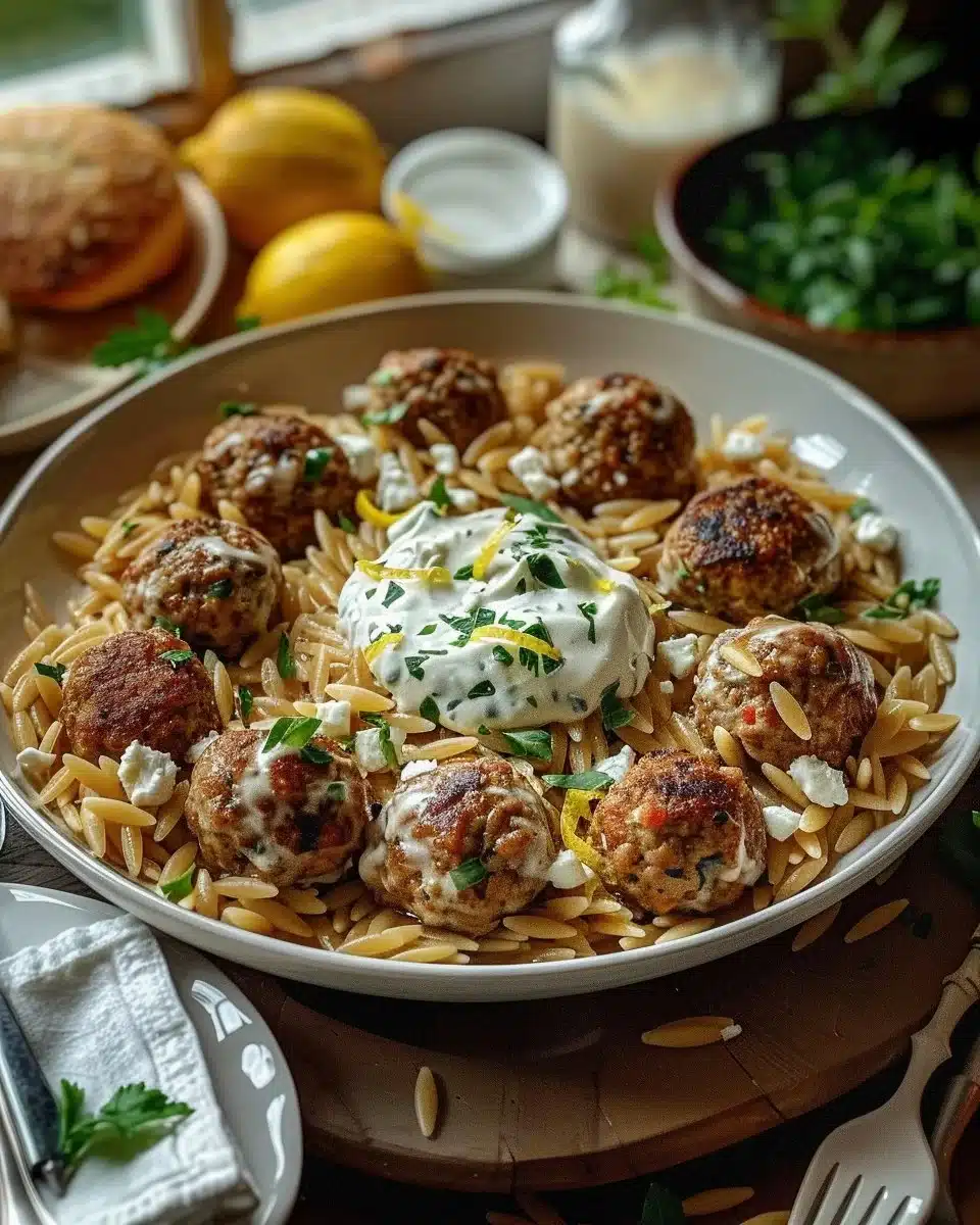 Boulettes Grecques servies avec orzo citronné et crème feta