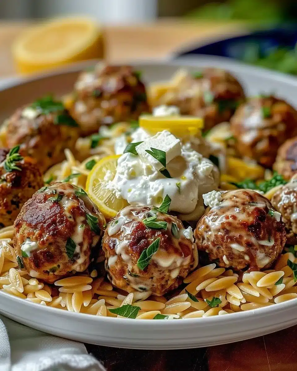 Boulettes Grecques avec Orzo Citronné et Crème de Feta