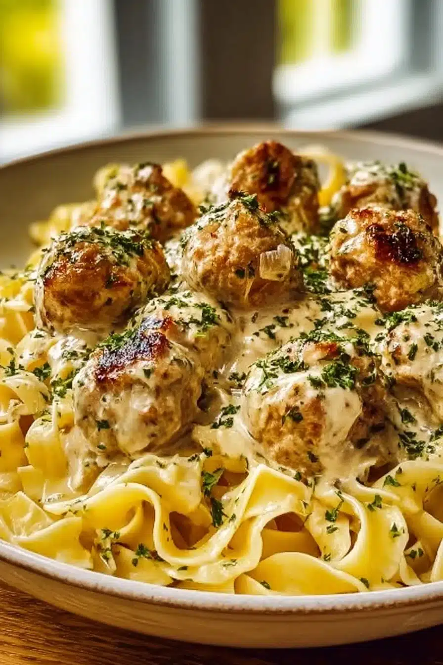 Boulettes poulet à l'ail avec tagliatelles délicieuses, repas savoureux