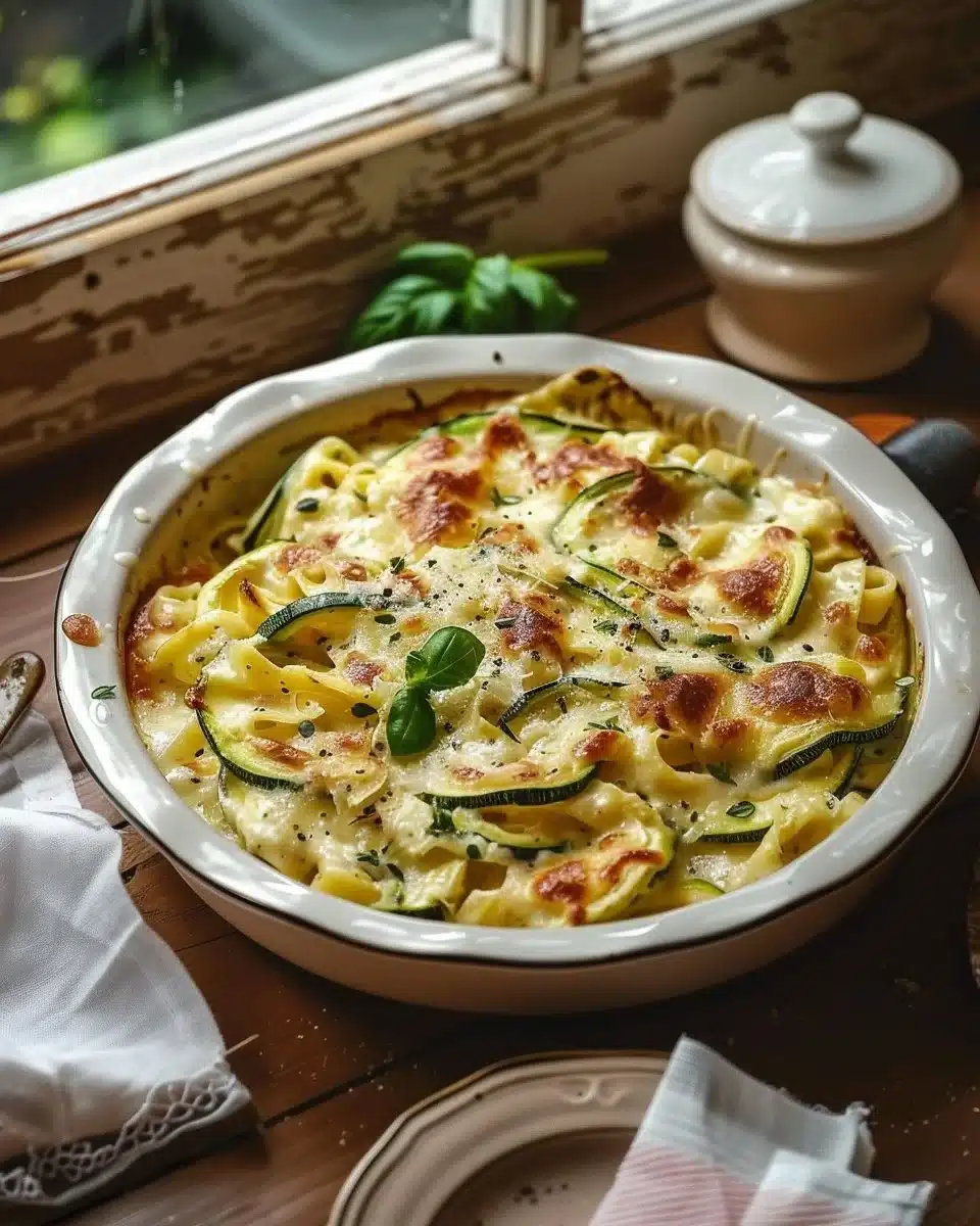 Plat de Carbonara crémeuse aux courgettes, garnie de parmesan et de poivre.
