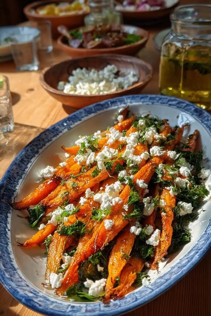 Recette de carottes fanes à la fêta, plat savoureux et coloré.