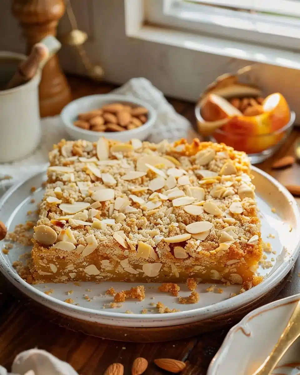 Carrés crumble aux amandes moelleux sur une assiette avec garniture
