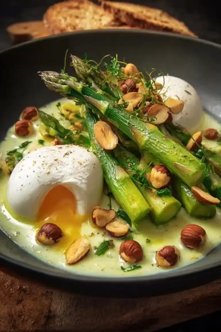Crémeux d'Asperges glacé avec œuf poché et noisettes torréfiées