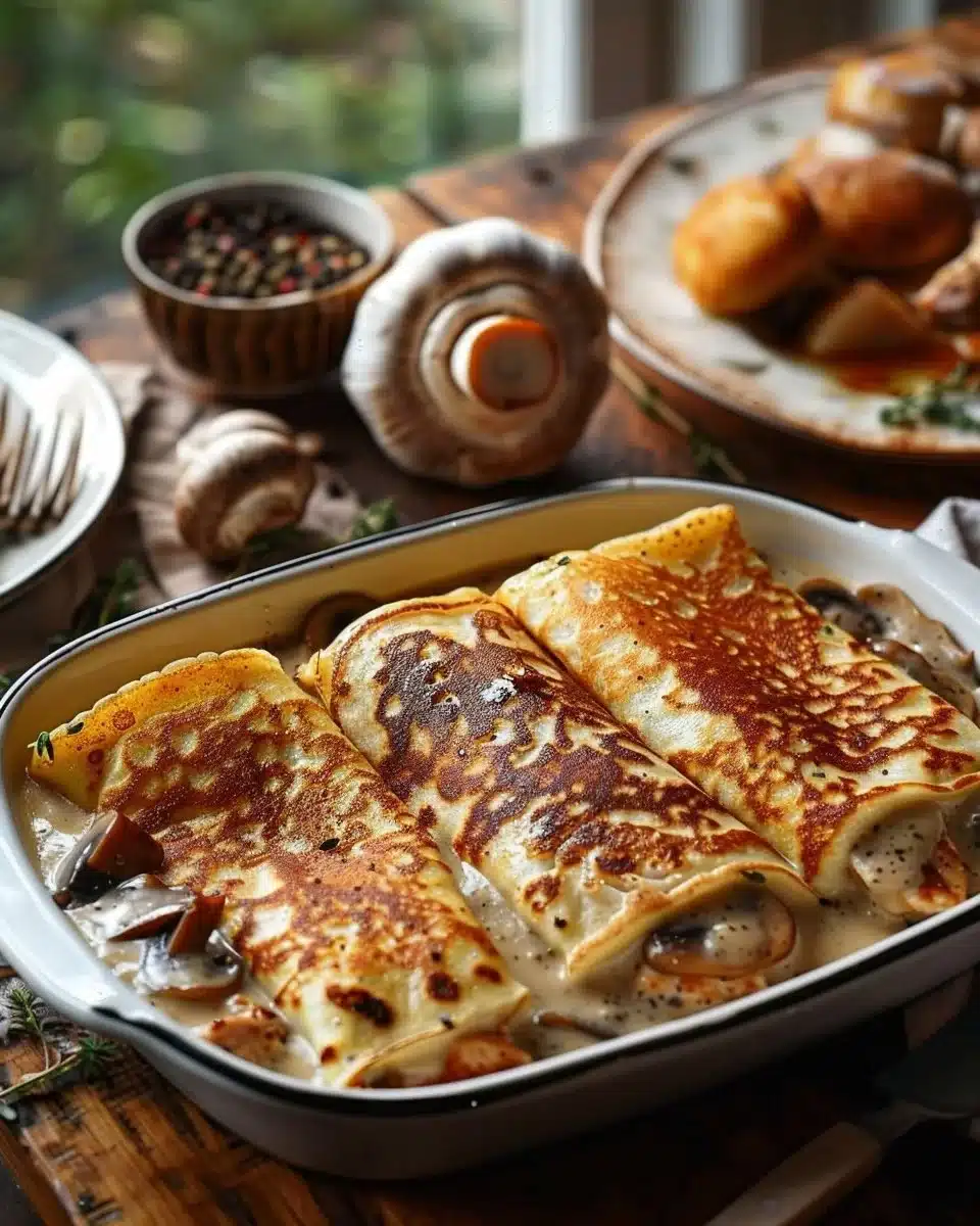 Crêpes roulées au poulet et champignons, plat savoureux et appétissant