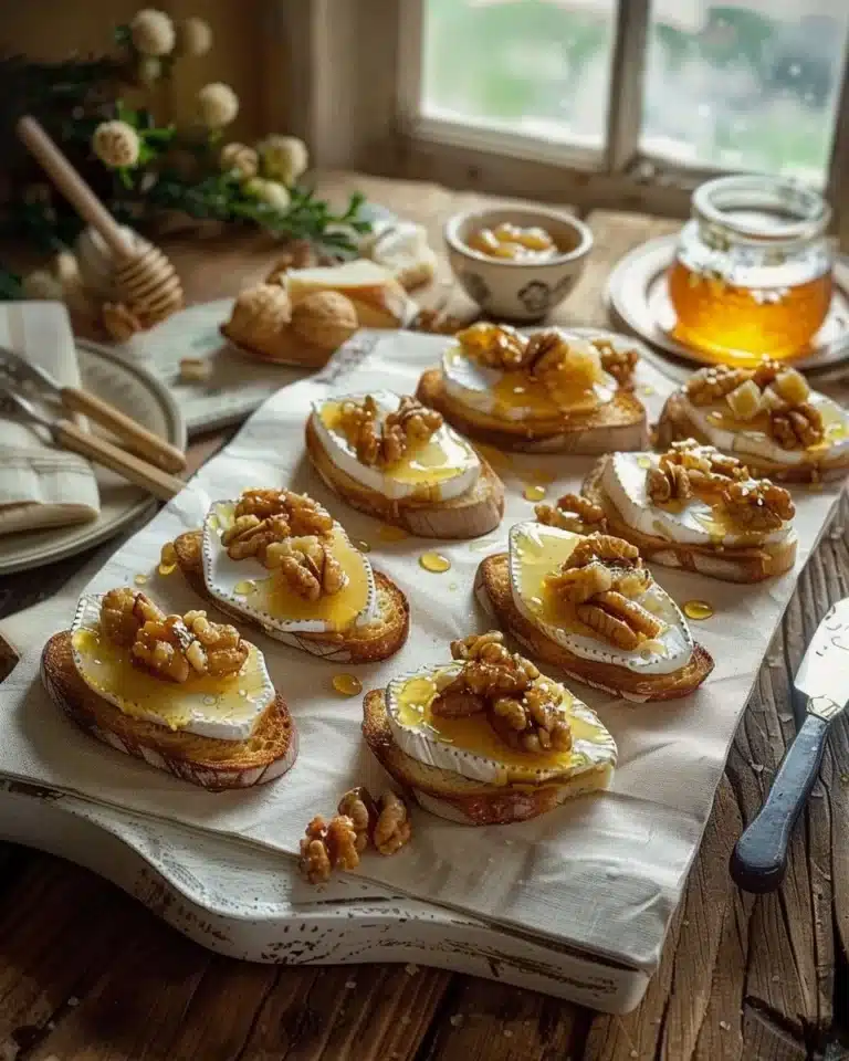 Crostinis dorés au brie, miel et noix, parfaits pour l'apéritif