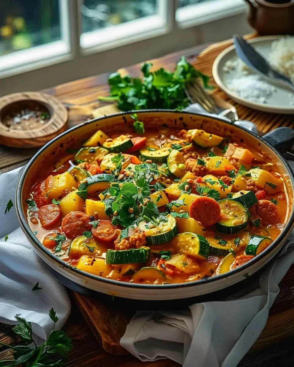 Curry de chorizo accompagné de courgettes fraîches dans une assiette colorée.