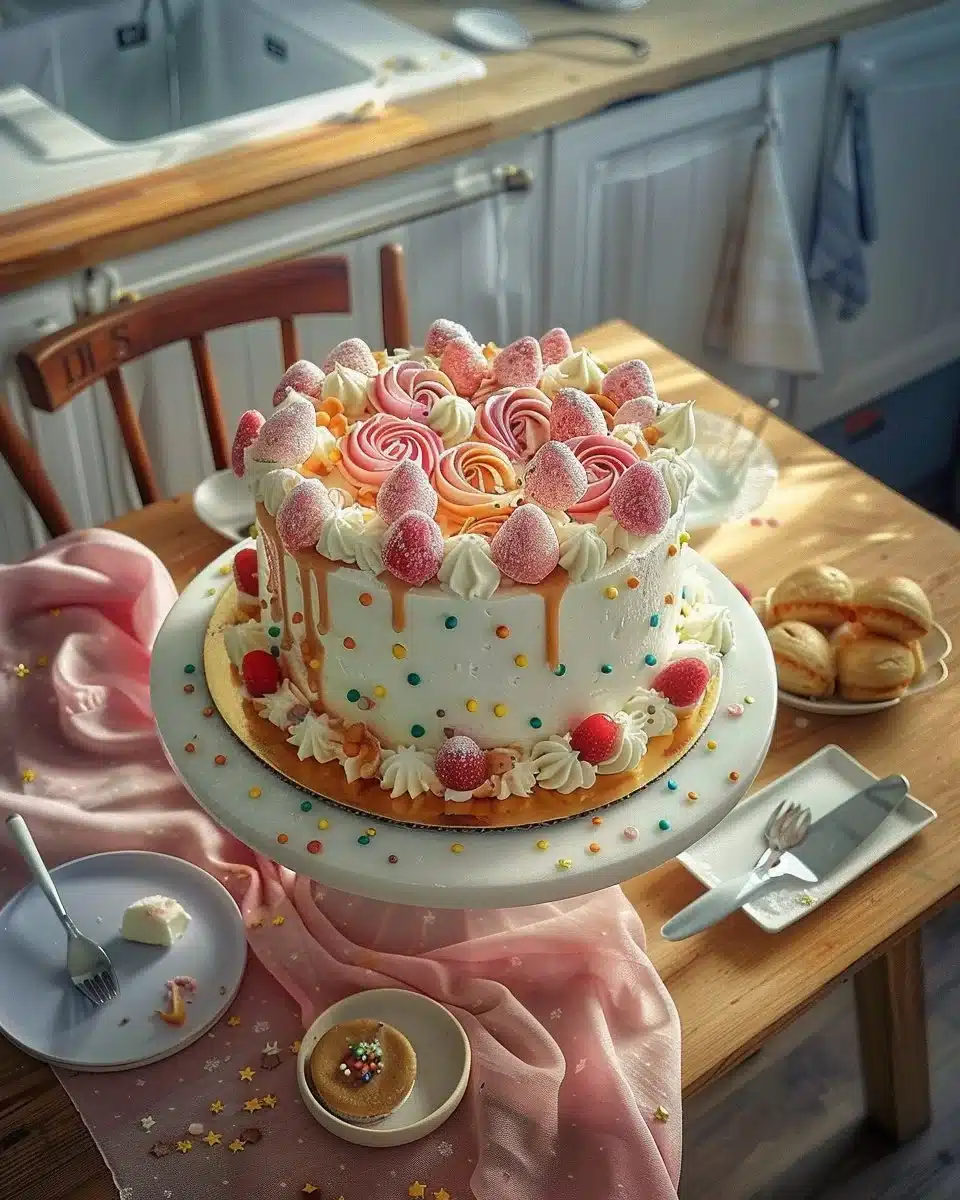 Exemple de décoration de gâteau d'anniversaire coloré et festif.