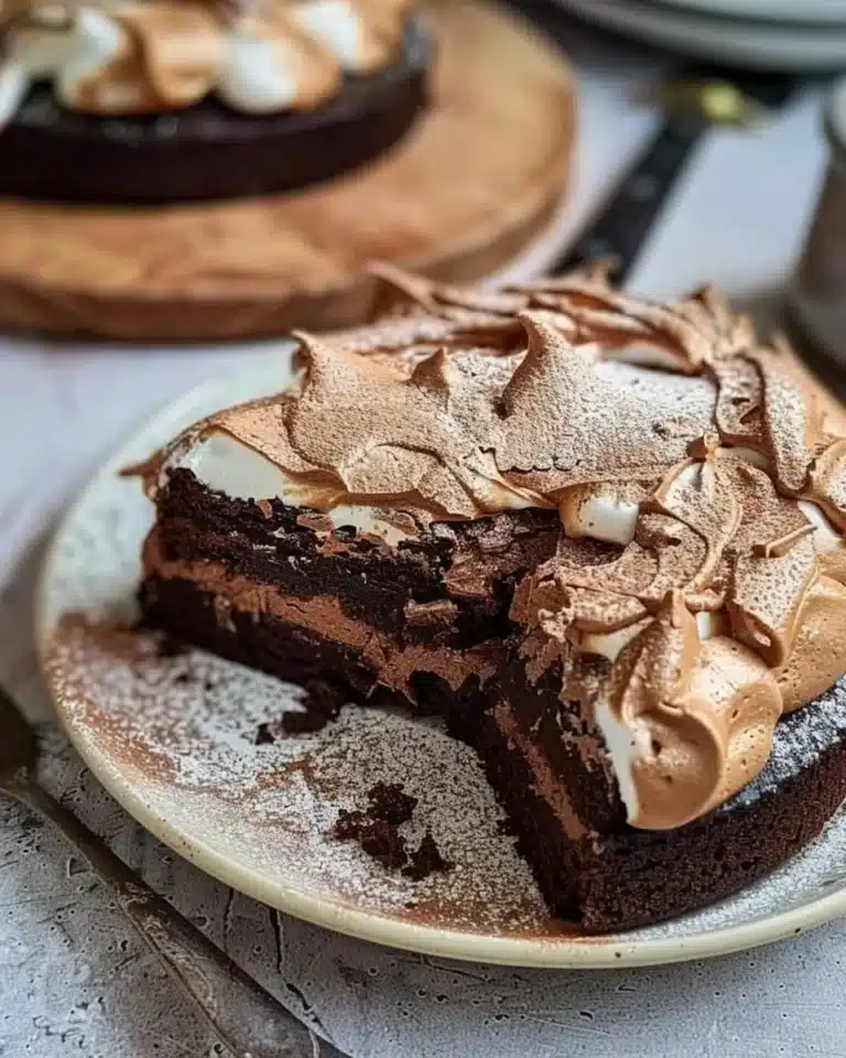 Gâteau au chocolat crémeux avec meringue cacao, dessert gourmand et fondant