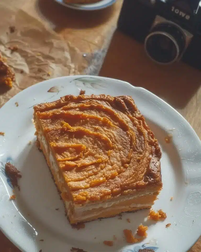 Un gâteau patate douce moelleux et doré, décoré de noix et de fruits sur une assiette.
