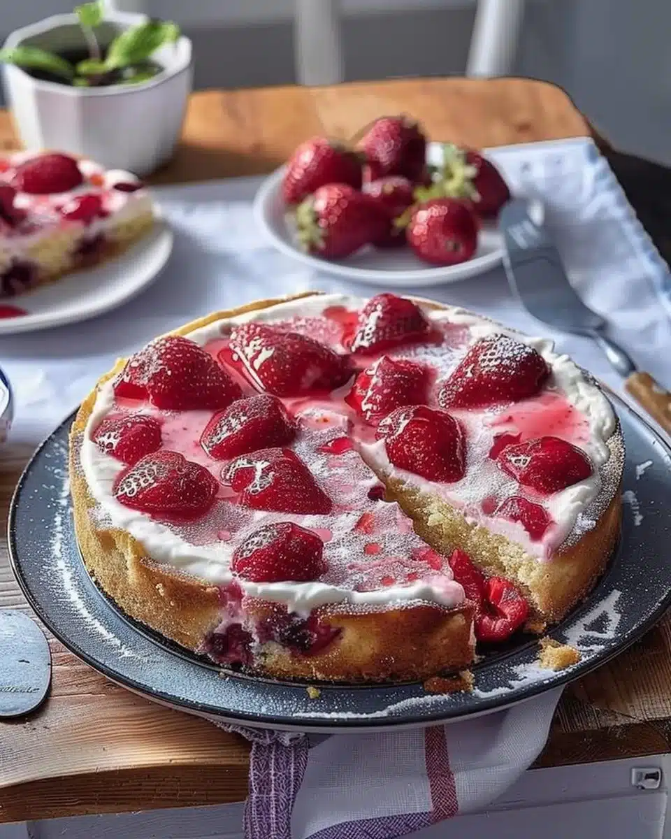 Gâteau yaourt aux fraises savoureux et moelleux fraîchement préparé