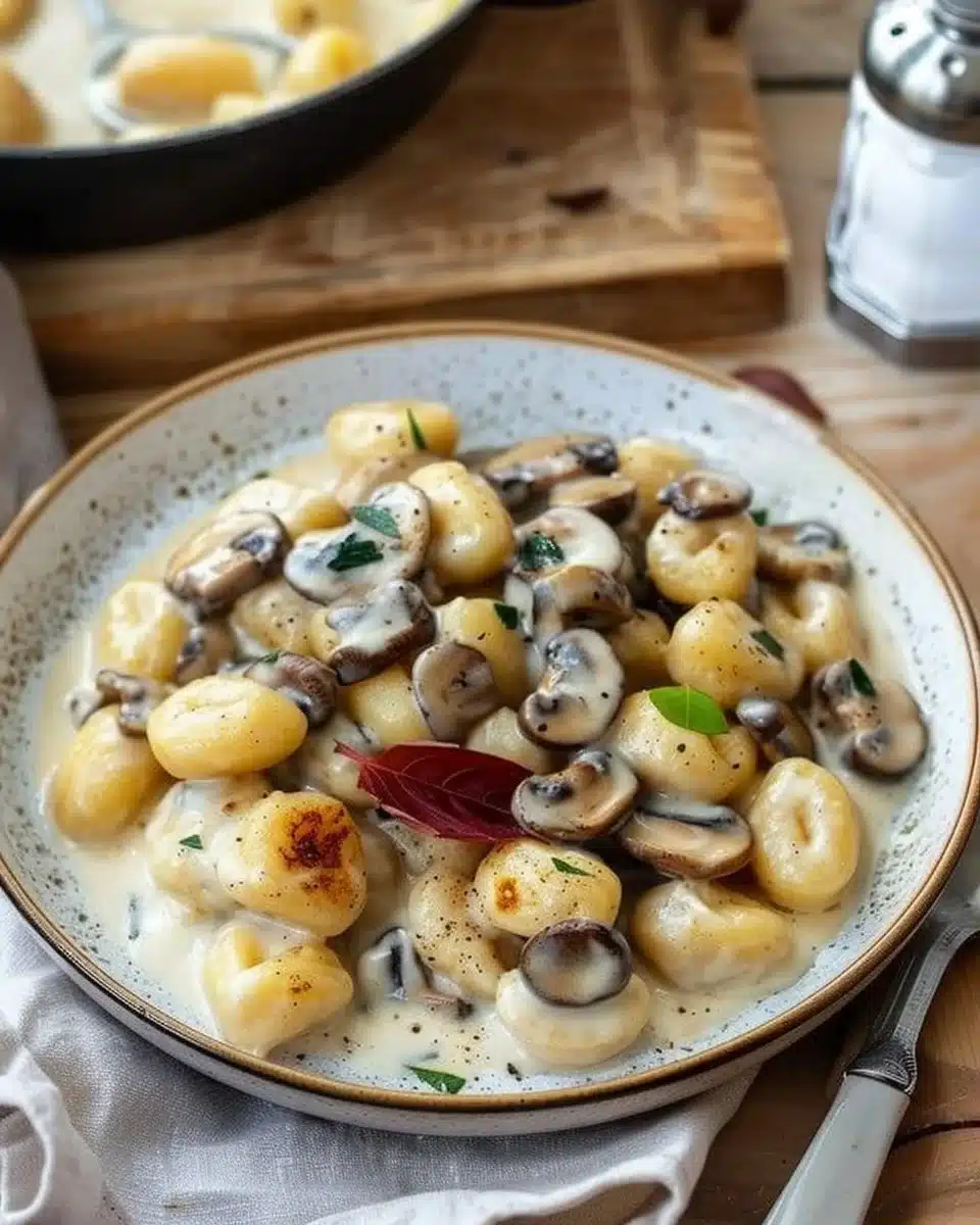 Gnocchis crémeux aux champignons, plat savoureux et réconfortant.
