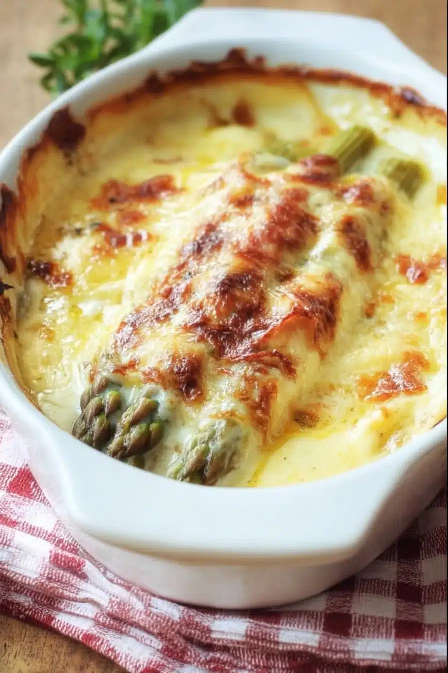Gratin d’asperges crémeux à la parisienne prêt à être dégusté.