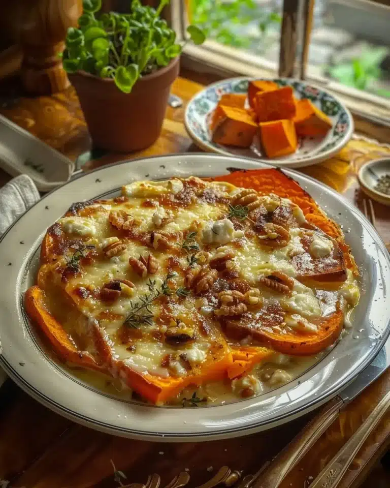 Gratin de patate douce avec chèvre et noix, plat réconfortant et savoureux.
