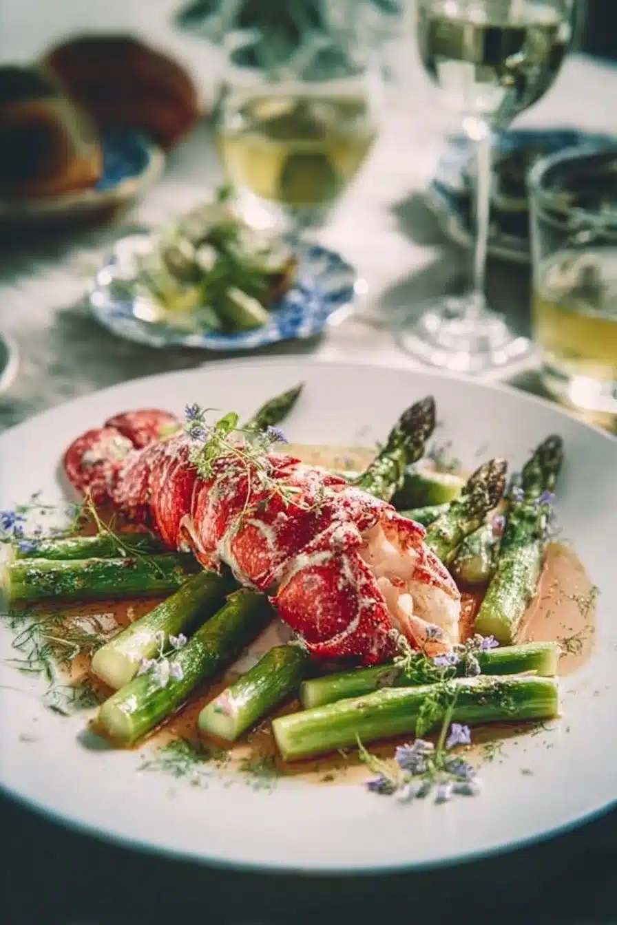 Homard cuit à la nage avec des asperges vertes sur une assiette