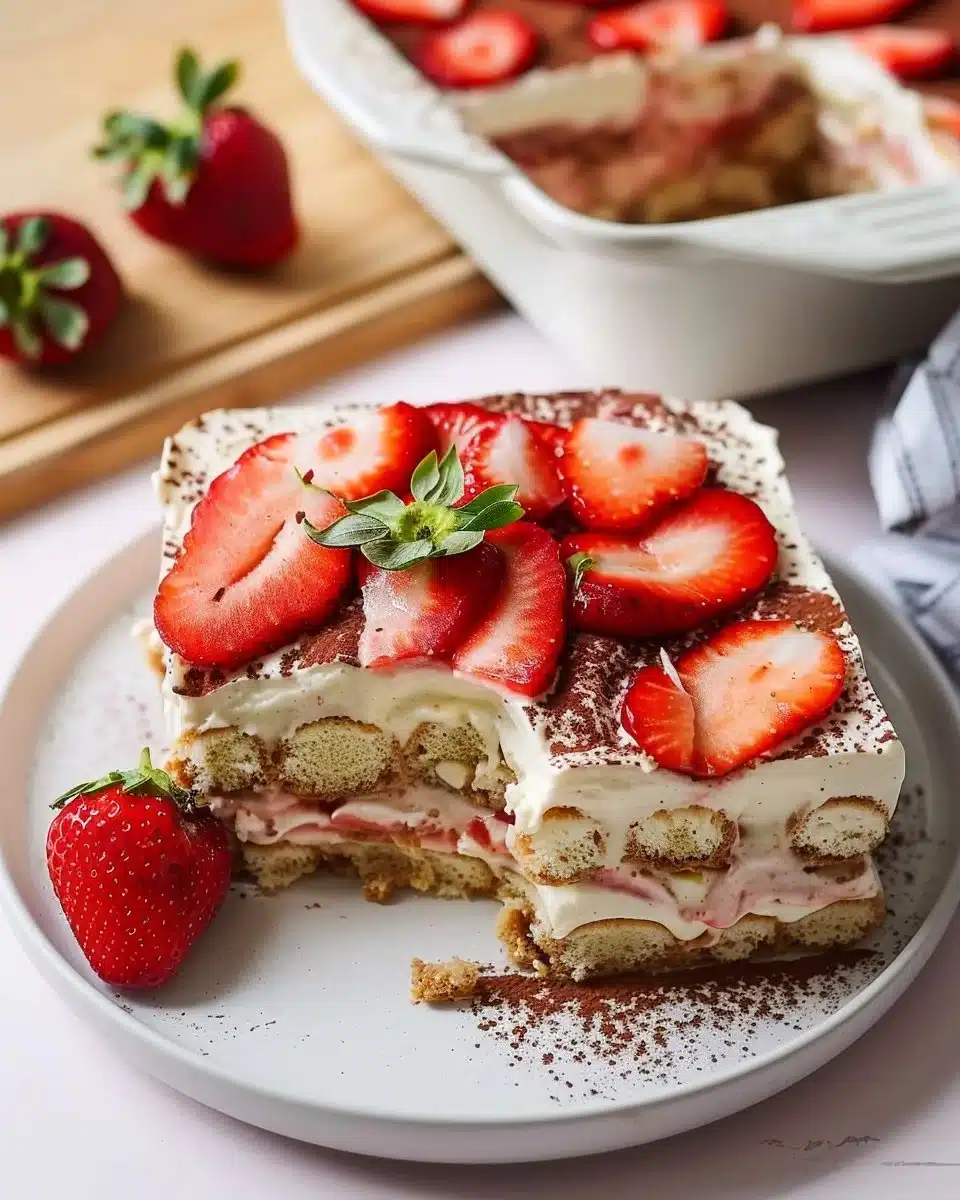 Un dessert tiramisu aux fraises savoureux et crémeux, garni de fraises fraîches.