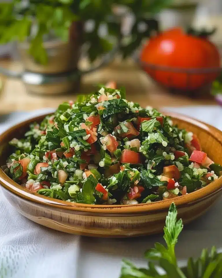 Plat de vrai taboulé libanais garni de persil et de tomates fraîches