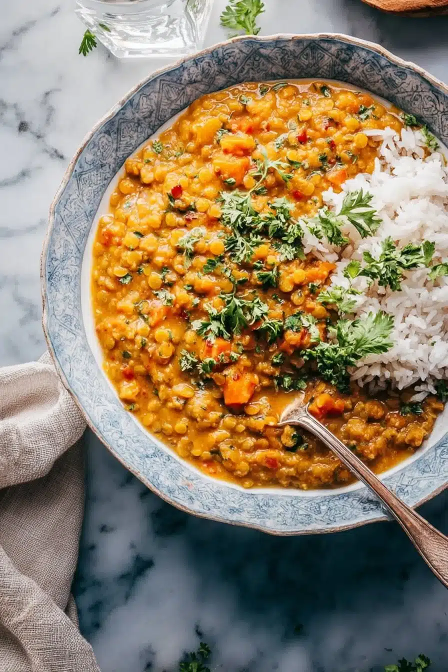 Bol de Lentilles Corail au Curry et Coco sur une table, plat coloré et savoureux