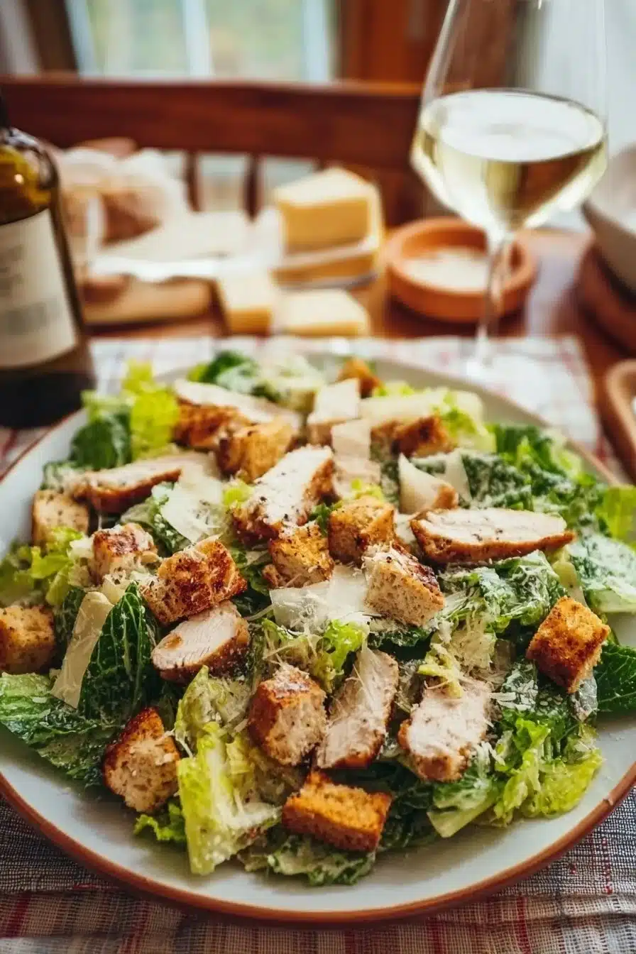 Une délicieuse salade César au poulet garnie de croûtons et de parmesan.