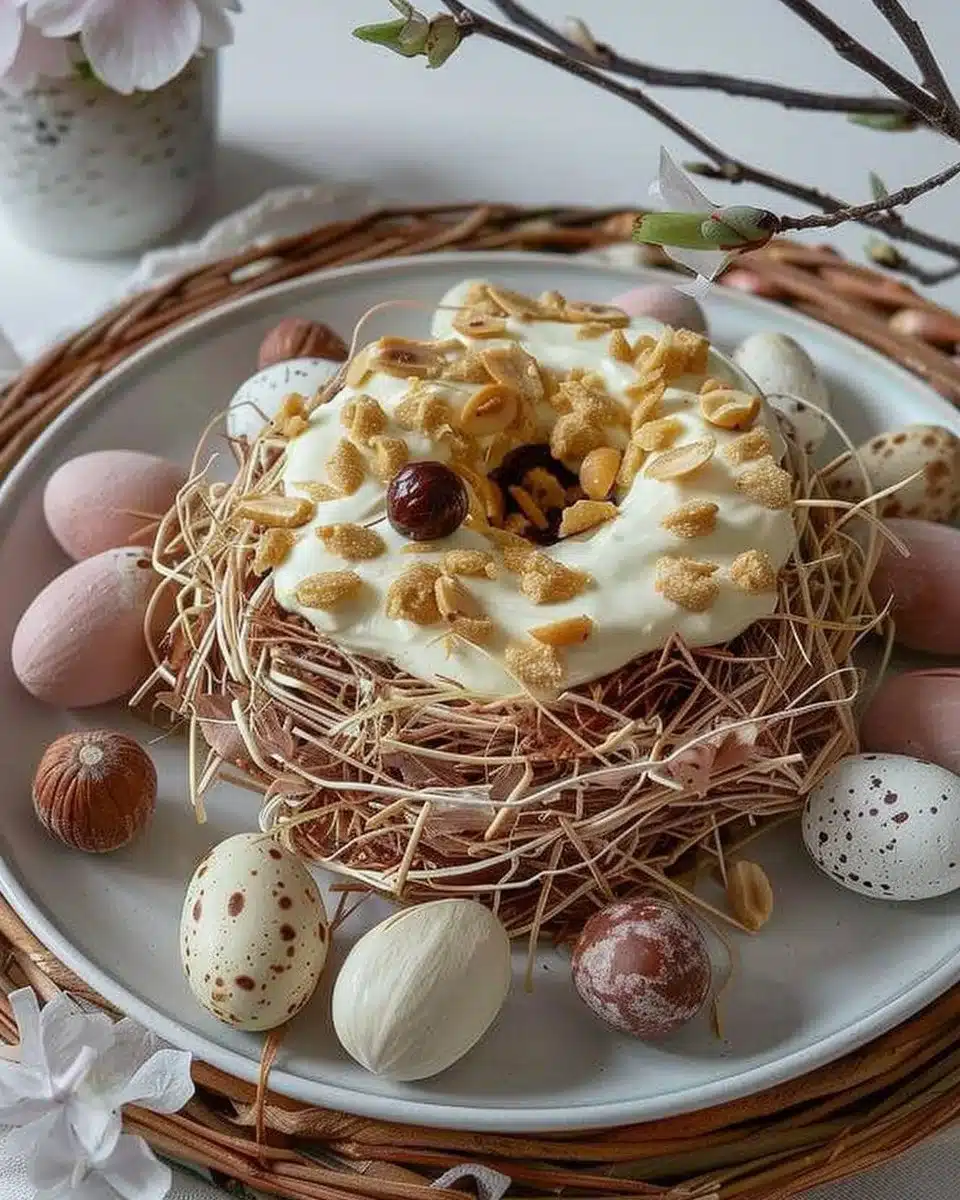 Nid de Pâques crémeux au praliné noisette, dessert chocolaté pour Pâques