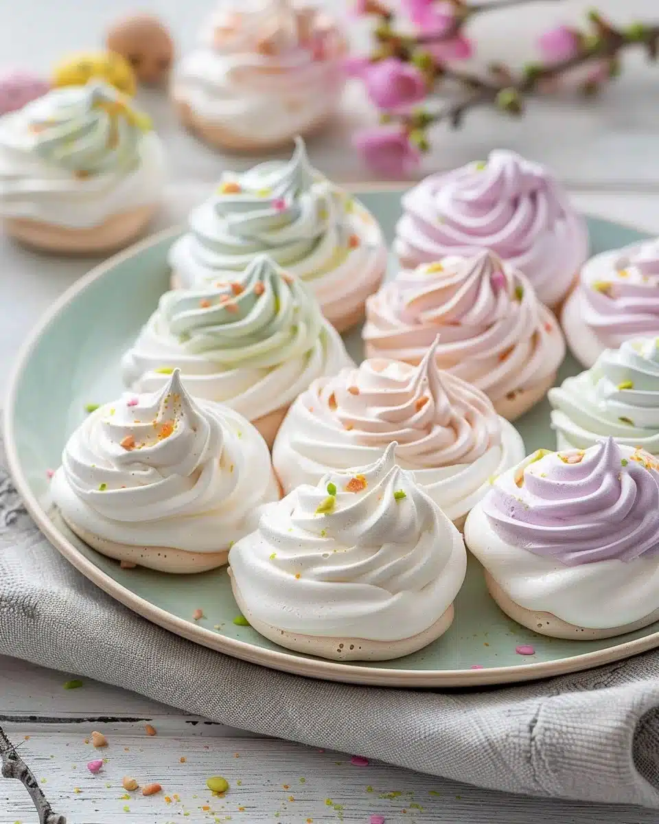 Nids meringue de Pâques garnis de chocolat et de pralines colorées