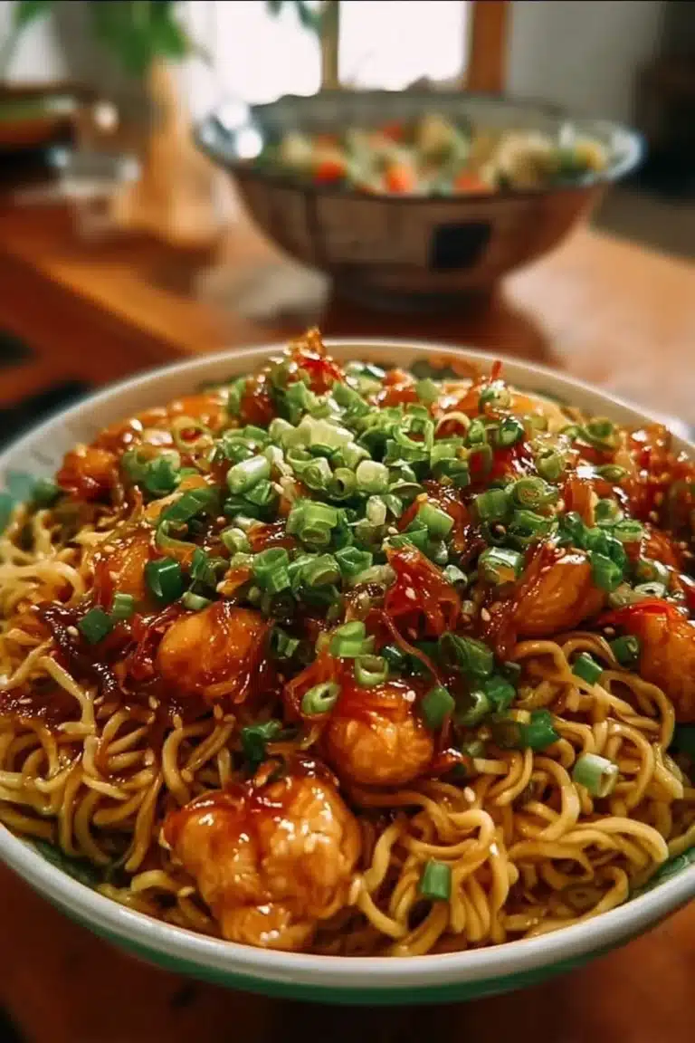 Nouilles au poulet à l'ail caramélisé dans une assiette garnie