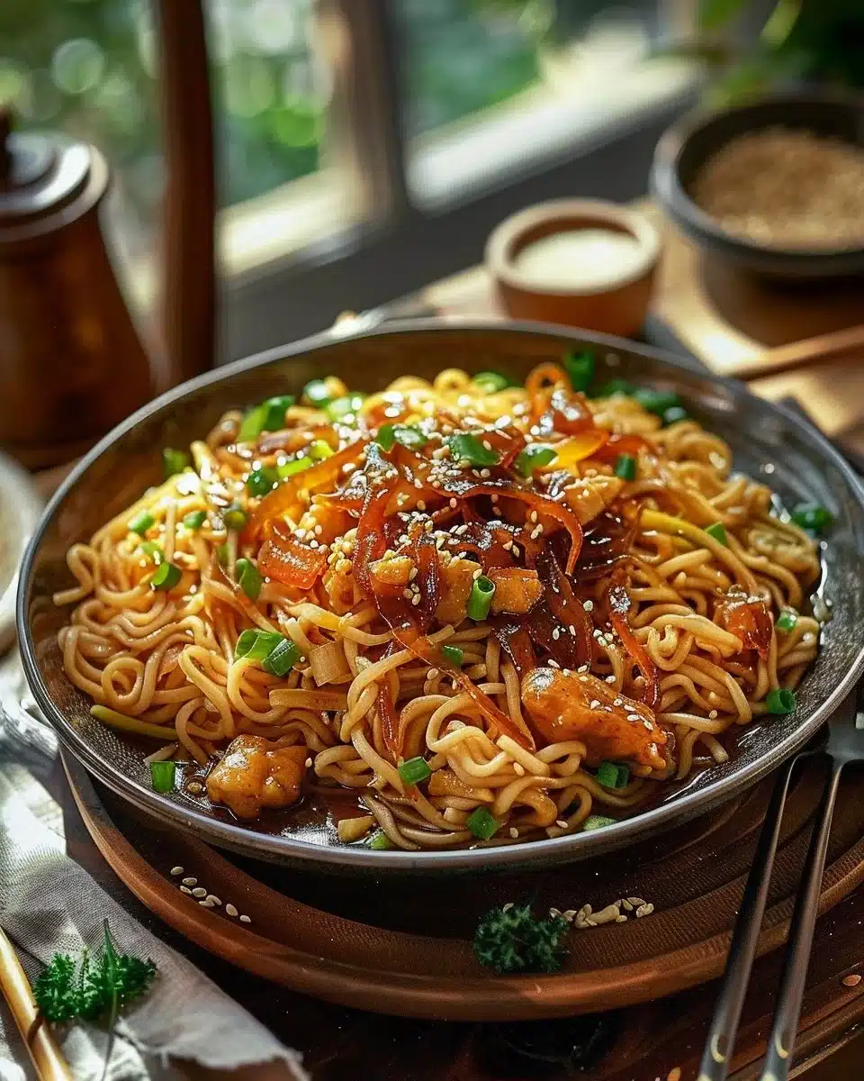 Nouilles sautées au poulet caramélisé servies dans une assiette.