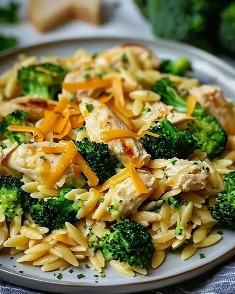 Bol de orzo poulet cheddar crémeux, plat savoureux et réconfortant.