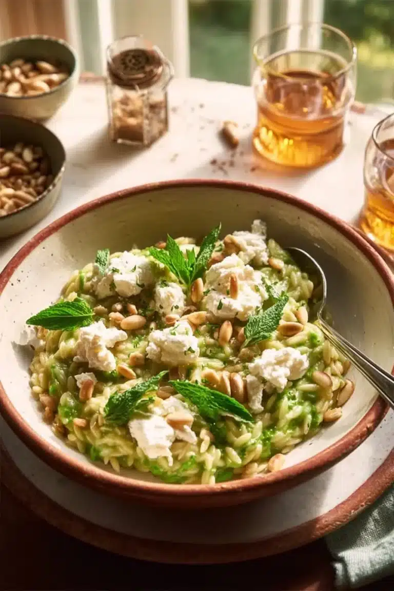 Plat d'orzo vert au fromage de chèvre et pignons, garniture savoureuse et crémeuse.