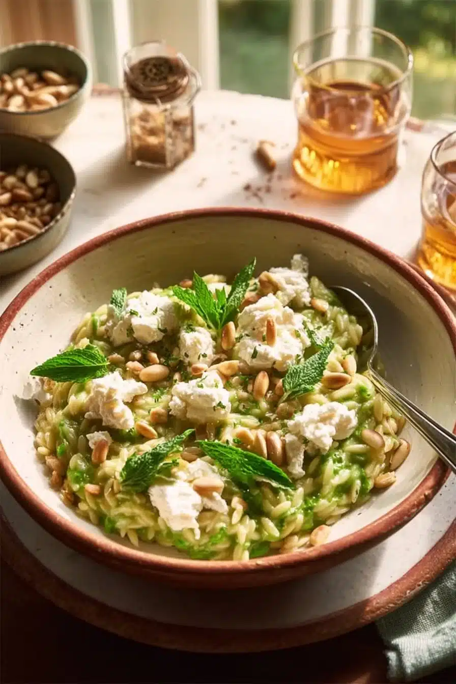 Plat d'orzo vert au fromage de chèvre et pignons, garniture savoureuse et crémeuse.
