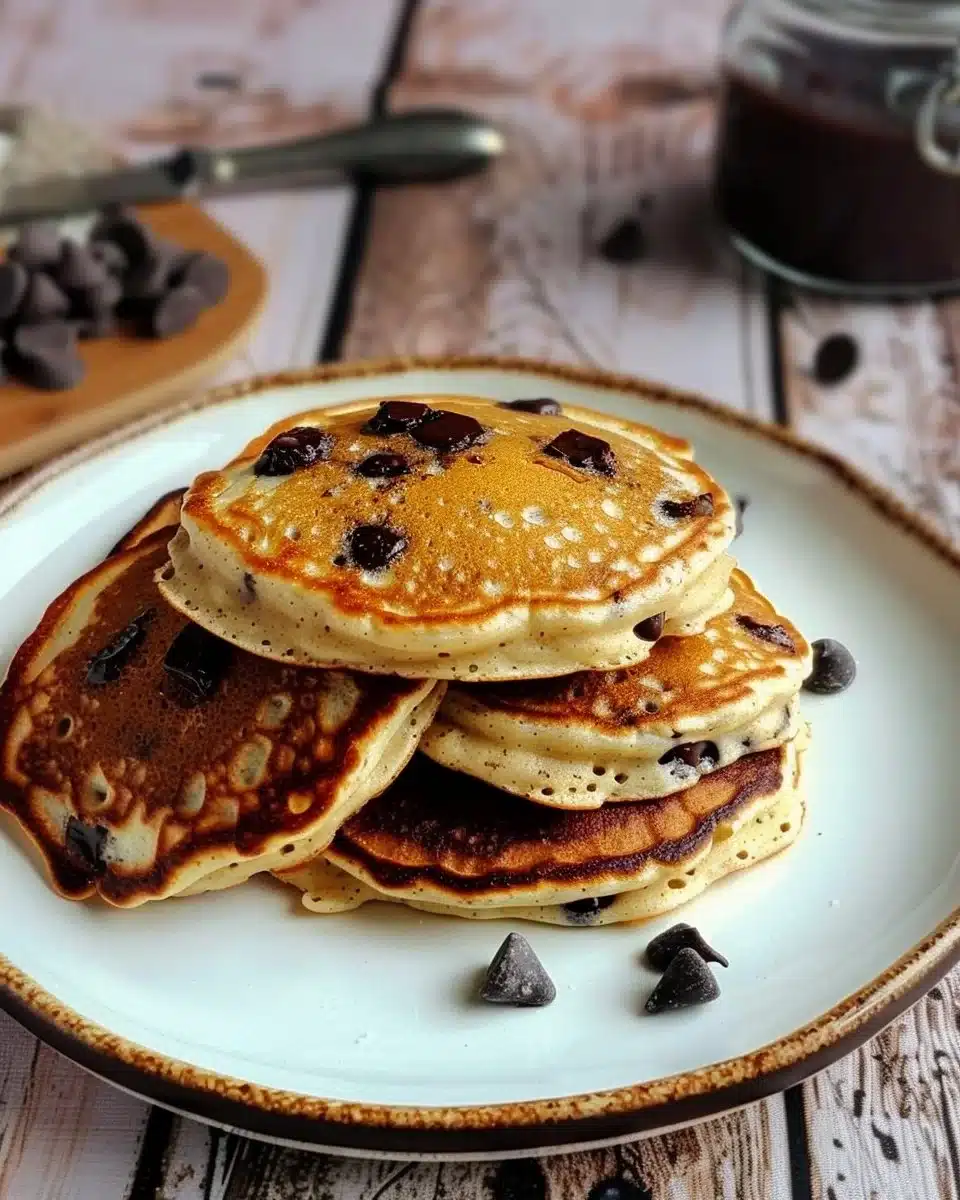 Pancakes protéinés aux pépites de chocolat, sans gluten, sur une assiette
