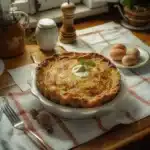 Pâté de Pâques Berrichon servi avec garnitures et décorations de fête.