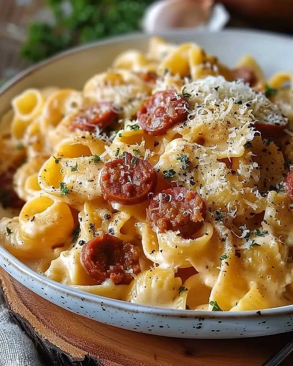 Pâtes crémeuses chorizo servies avec des herbes fraîches et une sauce onctueuse.
