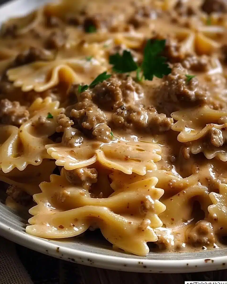 Pâtes papillon avec viande hachée et sauce crémeuse dans une assiette.
