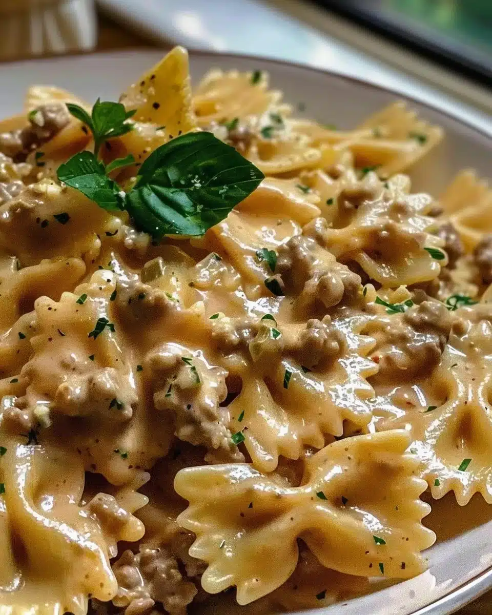 Pasta butterfly with minced meat and creamy sauce