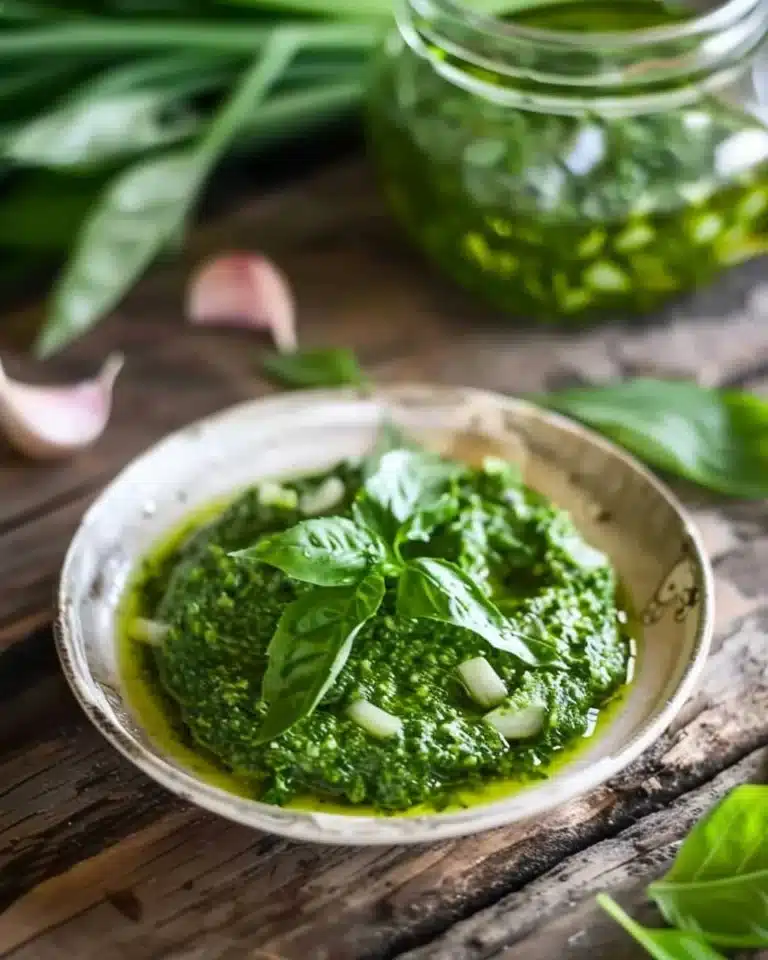 Pesto ail des ours maison frais et savoureux préparé avec des ingrédients naturels.