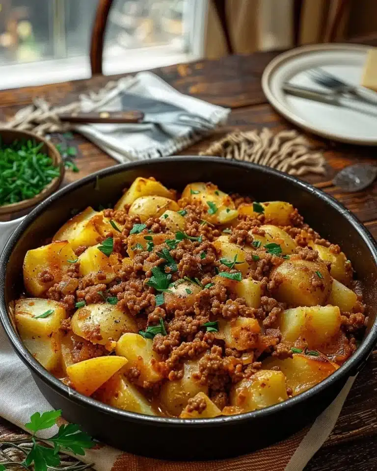 Plat savoureux de viande hachée avec des pommes de terre dorées