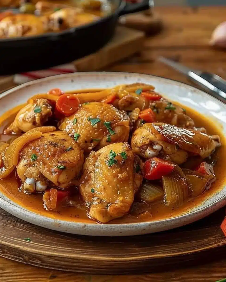 Plat de Poulet Basquaise à l'Ancienne avec légumes colorés et épices.