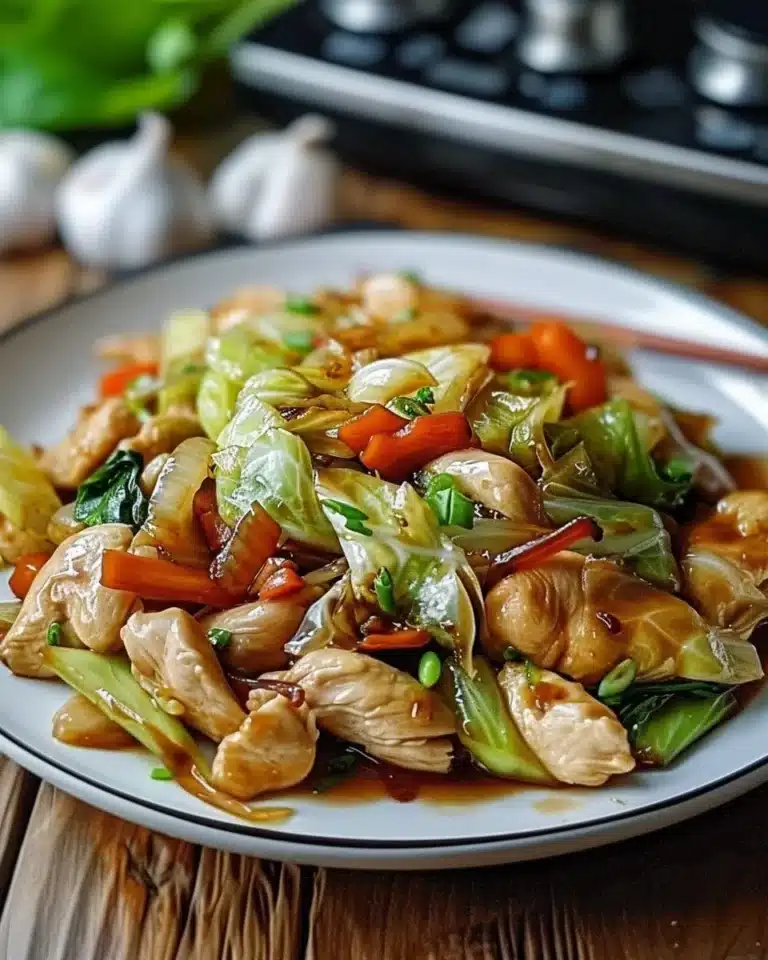 Recette savoureuse de poulet sauté au chou prêt à être dégusté.
