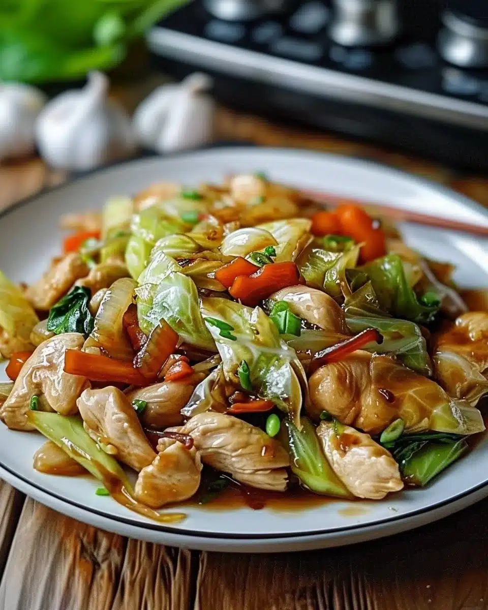 Recette savoureuse de poulet sauté au chou prêt à être dégusté.