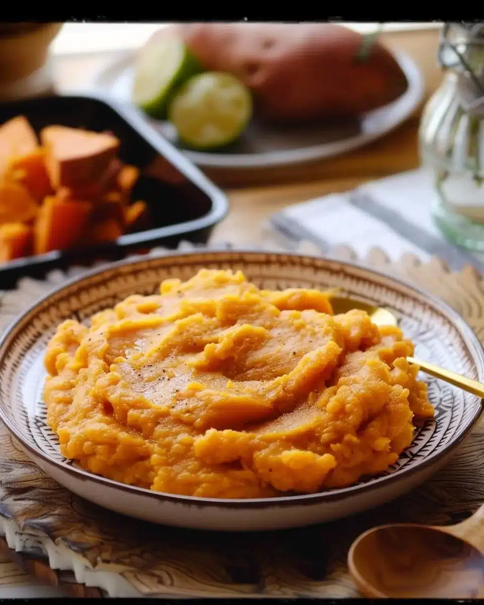 Purée de patate douce crémeuse servie dans un bol, garnie de fines herbes.