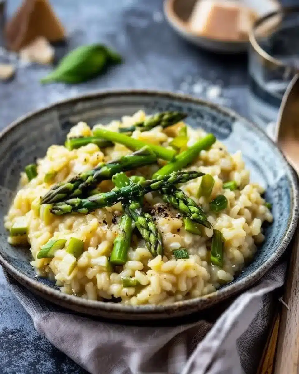 Risotto asperges vegan servi dans un bol en céramique, plat coloré et appétissant