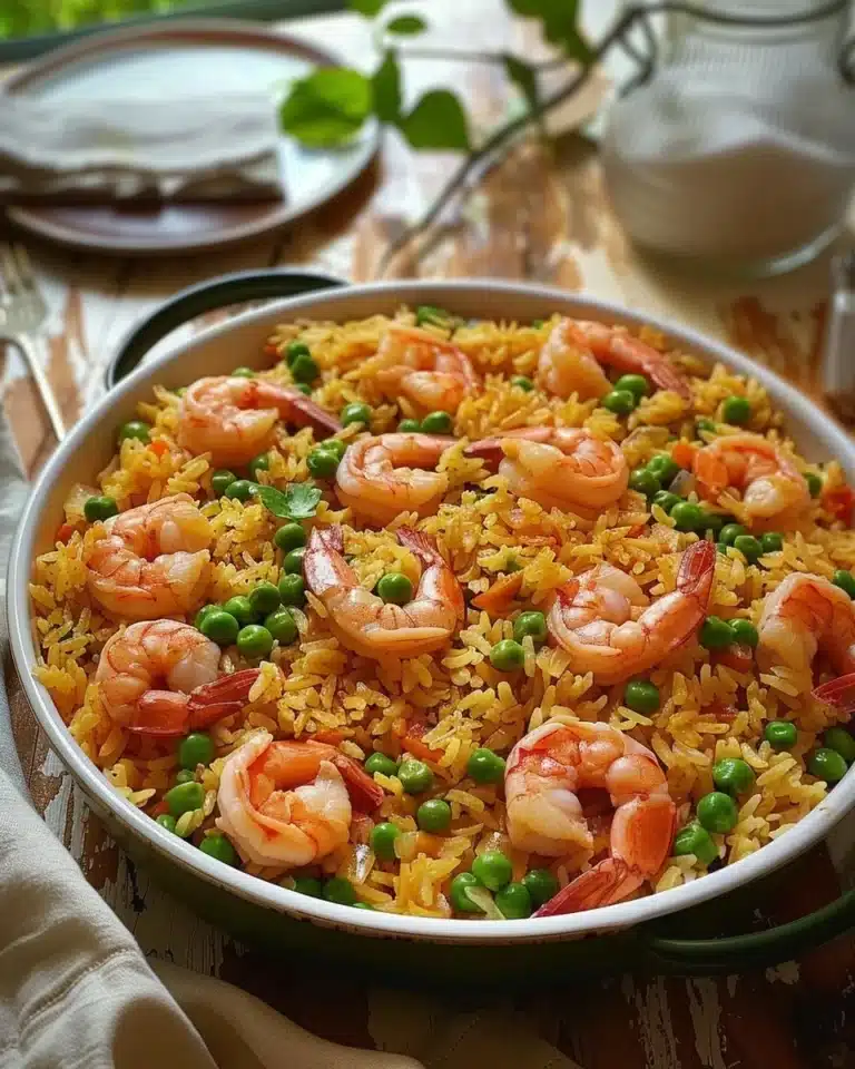 Riz basmati aux crevettes et petits pois dans une assiette colorée