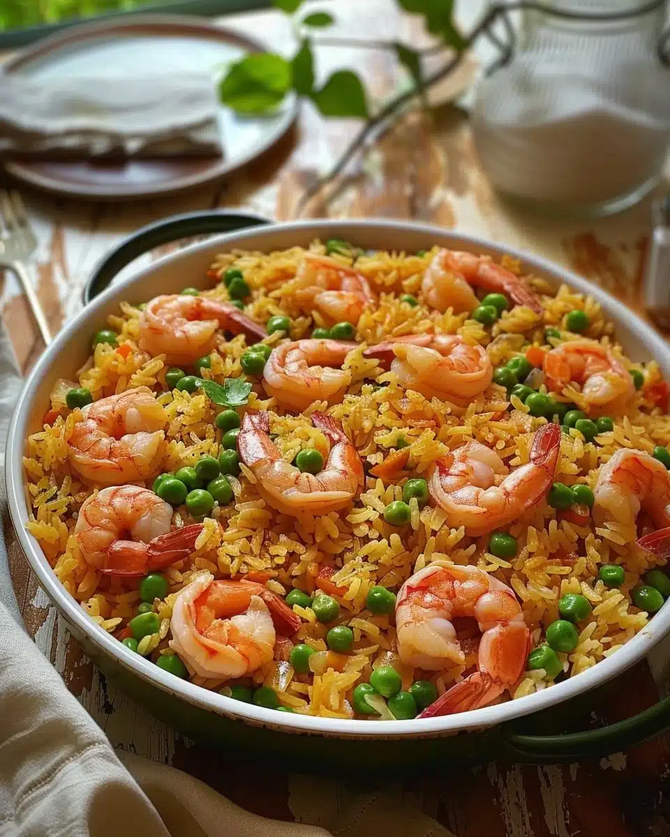 Riz basmati aux crevettes et petits pois dans une assiette colorée