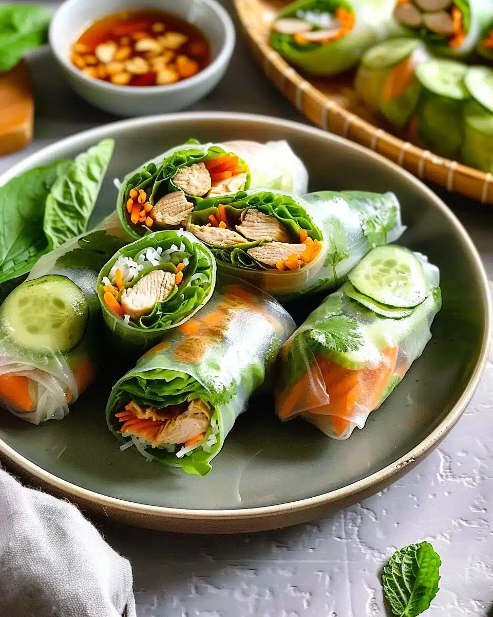 Rouleaux de printemps au poulet, frais et savoureux, présentés sur une assiette.