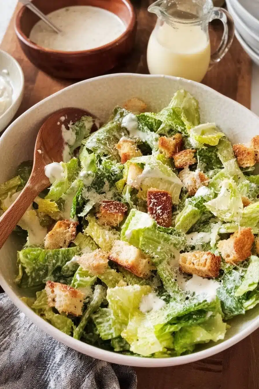 Salade César garnie avec vinaigrette et croutons croustillants